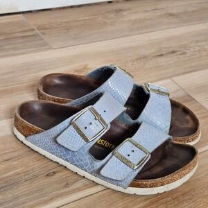 Birkenstock Arizona Sandals Women's EU 38 US 7‎ Blue Snake Embossed Leather